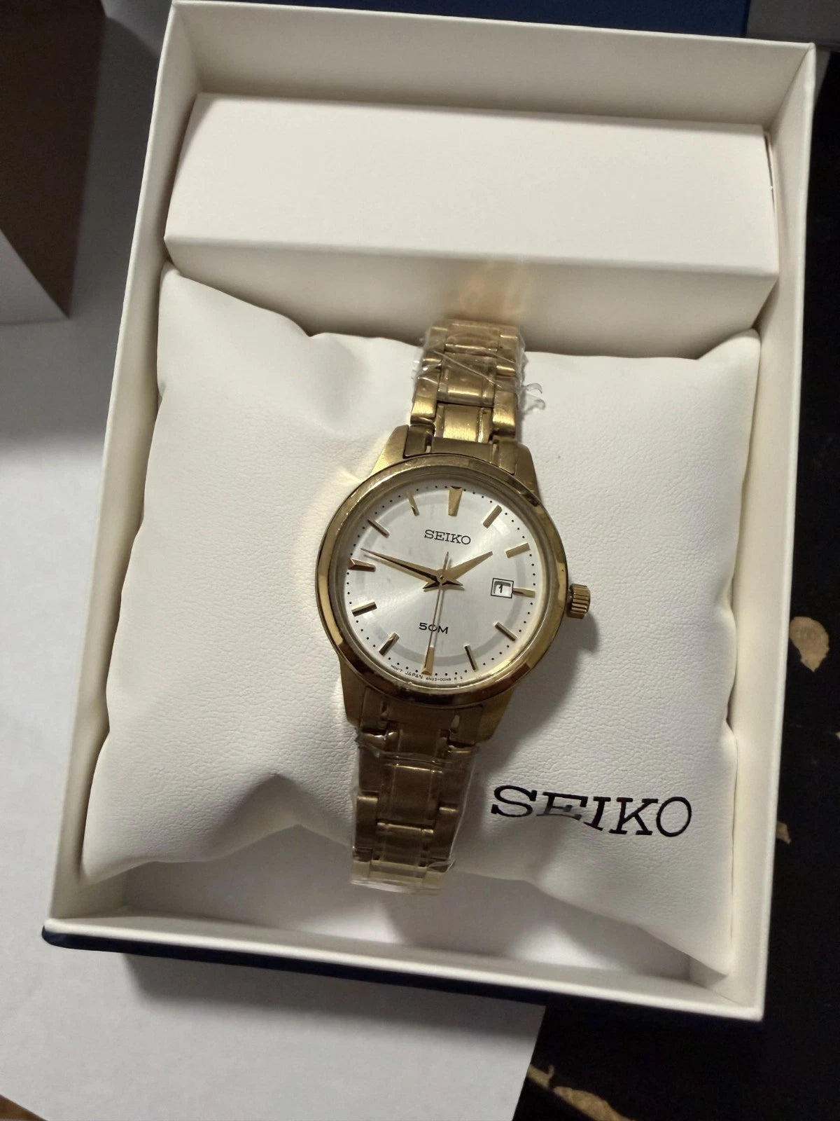 NEW* Seiko Quartz SUR744 50m Gold Tone Stainless Steel Ladies Watch MSRP $225!