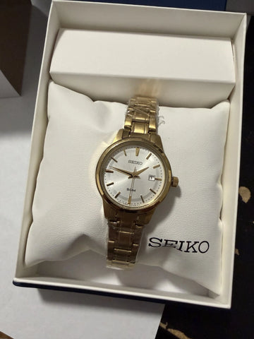 NEW* Seiko Quartz SUR744 50m Gold Tone Stainless Steel Ladies Watch MSRP $225!