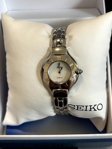 Seiko Womens SWE002 Stainless Steel Band Mother of Pearl Kinetic Dial Watch