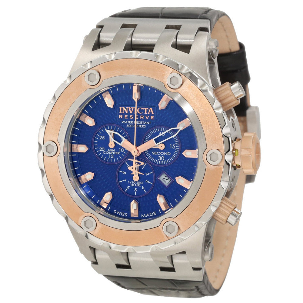 Invicta Men's 10081 Subaqua Reserve Blue Dial Rose Gold Tone Bezel Leather Strap Chronograph Dive Watch
