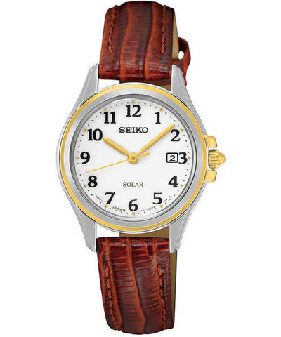 Seiko Women's SUT252 Core Solar White Dial Brown Leather Watch