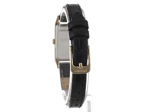 Seiko Women's SUP044 Stainless Steel and Black Leather Strap Baguette Solar Watch
