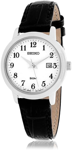 Seiko SUR823 Women's Easy Reader White Dial Black Leather Strap Watch