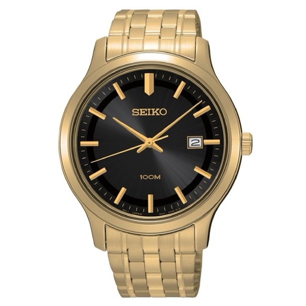 Seiko Men's SUR184 Stainless Steel Bracelet Yellow Gold Band Black Dial Round Watch