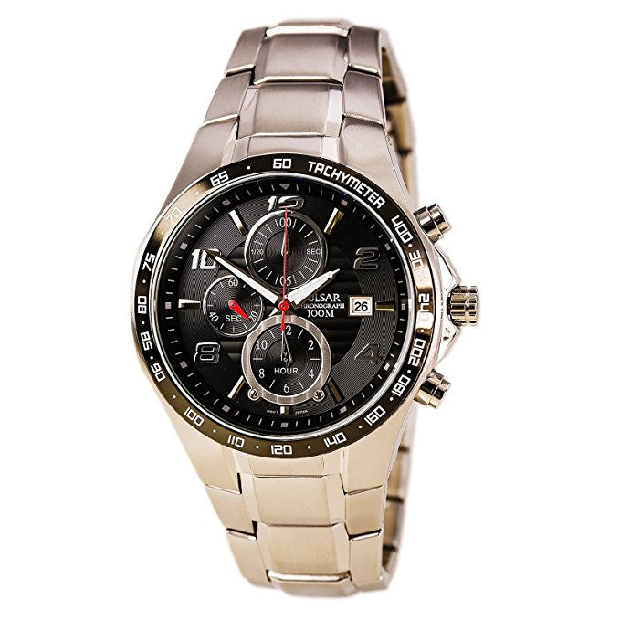 Pulsar Mens PF8373 Black Dial Quartz Chronograph Dress Bracelet Watch