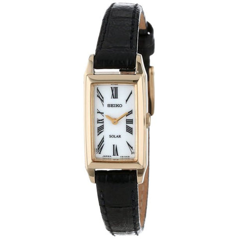 Seiko Women's SUP044 Stainless Steel and Black Leather Strap Baguette Solar Watch