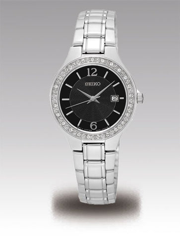 Seiko SUR785 Women's Stainless Steel Silver Bracelet Band Black Dial Watch