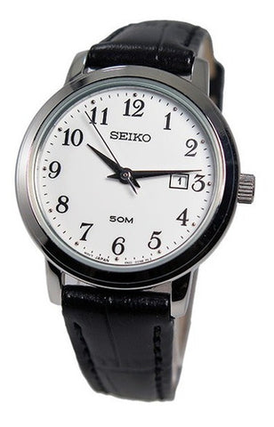 Seiko SUR823 Women's Easy Reader White Dial Black Leather Strap Watch