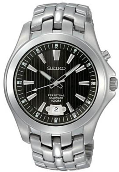 Seiko Men's SNQ101 Perpetual Calendar Solid Stainless-Steel Case and Bracelet Black Dial Watch