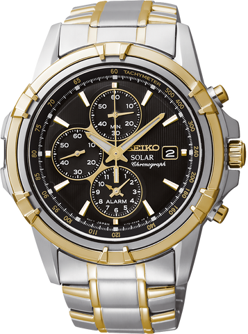 Seiko Men's SSC142 Solar Chronograph Black Dial Two-Tone Stainless Steel Watch