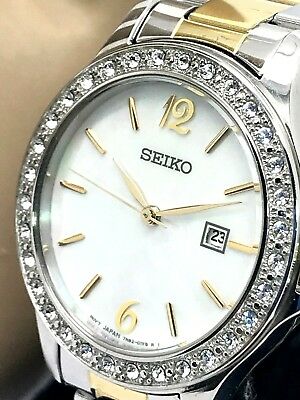 Women's SEIKO SXDF95 Two-Tone Mother of Pearl Watch with Crystals