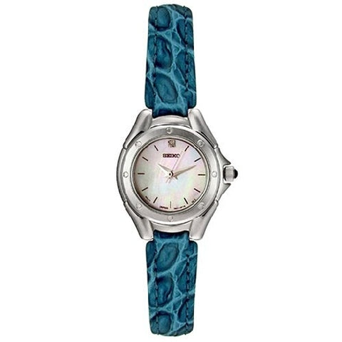 Seiko Women's SXGL65 Silver-Tone White MOP Diamond Dial Blue Leather Strap Watch