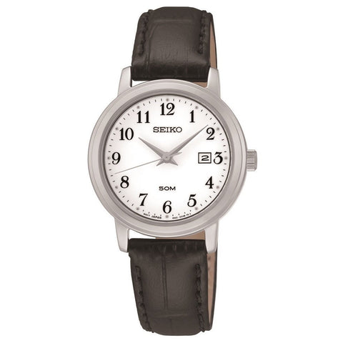 Seiko SUR823 Women's Easy Reader White Dial Black Leather Strap Watch