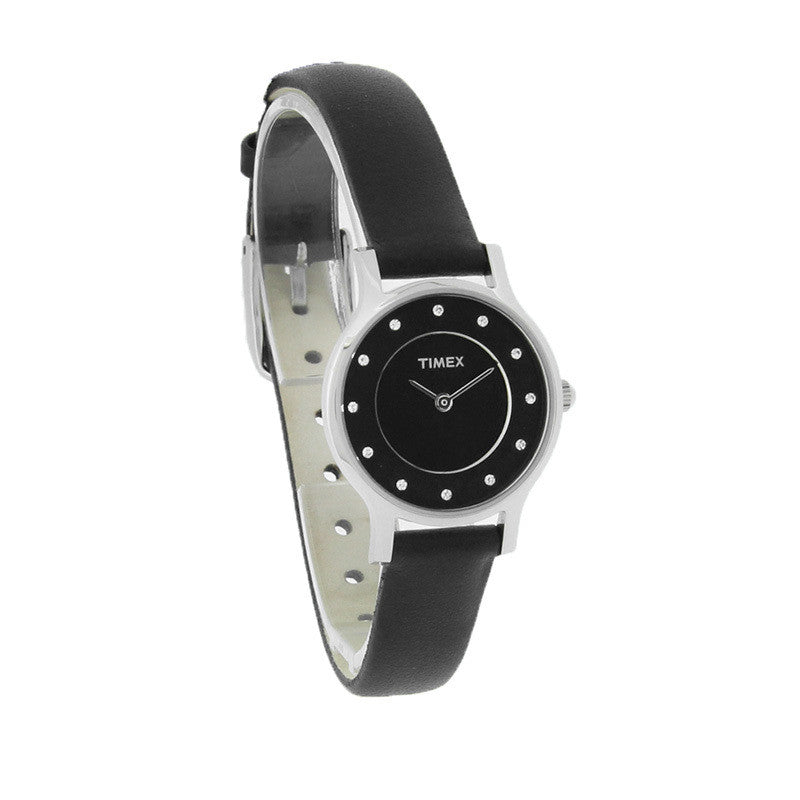 T2P314 Timex Dress Ladies Crystal Black Leather Strap Quartz Watch
