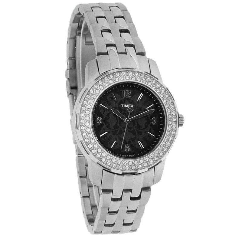 T2P397 TIMEX STARLIGHT COLLECTION LADIES CRYSTAL BLACK FLORAL DIAL QUARTZ WATCH