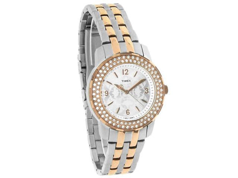 T2P398 Timex Starlight Collection Ladies Crystal Silver Floral Dial Quartz Watch