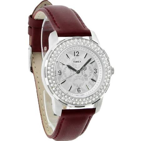 T2P399 Timex Starlight Ladies Crystal Floral Brown Strap Quartz Watch
