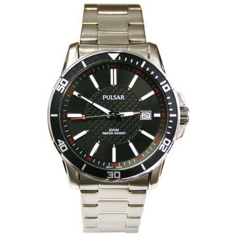 Pulsar PXHA15 Mens Bracelet Watch Black Dial and Bezel Stainless Steel Watch