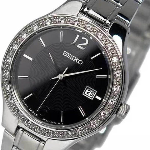 Seiko SUR785 Women's Stainless Steel Silver Bracelet Band Black Dial Watch