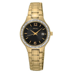 Seiko SUR768 Women's Stainless Steel Gold Bracelet Band Black Dial Watch