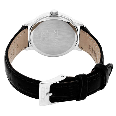 Seiko SUR823 Women's Easy Reader White Dial Black Leather Strap Watch