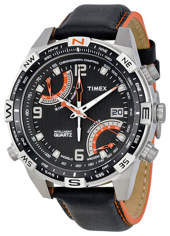 Timex Men's T49867 Intelligent Quartz Fly Back Chrono Compass Black Leather Strap Watch